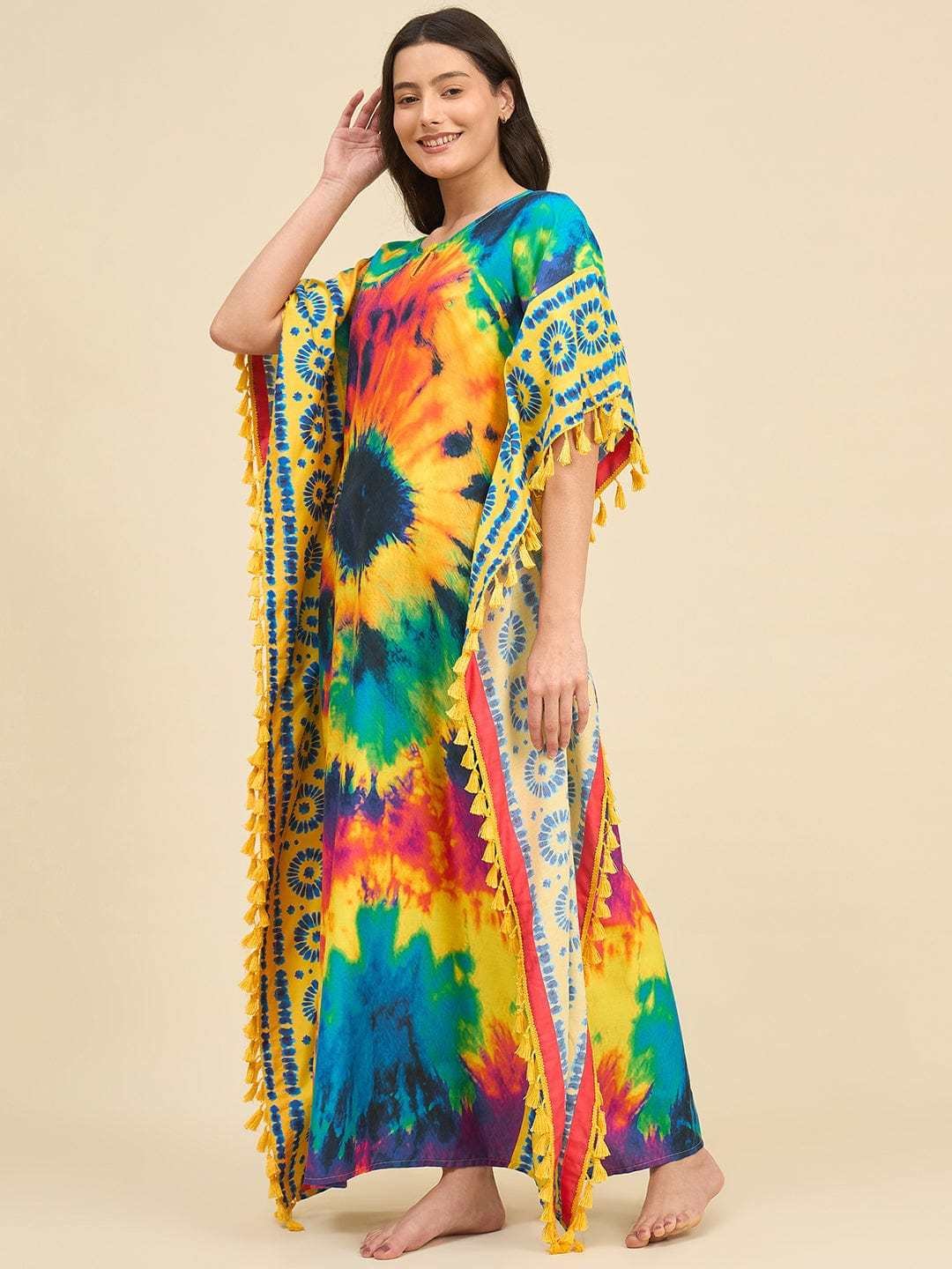 Women's Cotton Tie Dye Print Flowing Bell Sleeves Full Length Kaftan Drees Casual Beach Wear ( Multicolor )