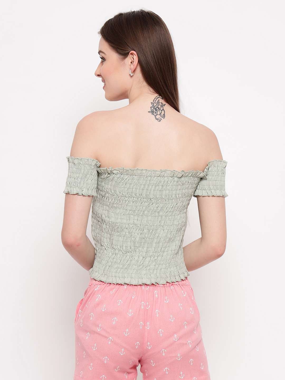 Women's Rayon Solid Off-Shoulder Smocked Crop Top Short Sleeve Casual Styles Tank Top (FREE SIZE) Multi21 - Image 3