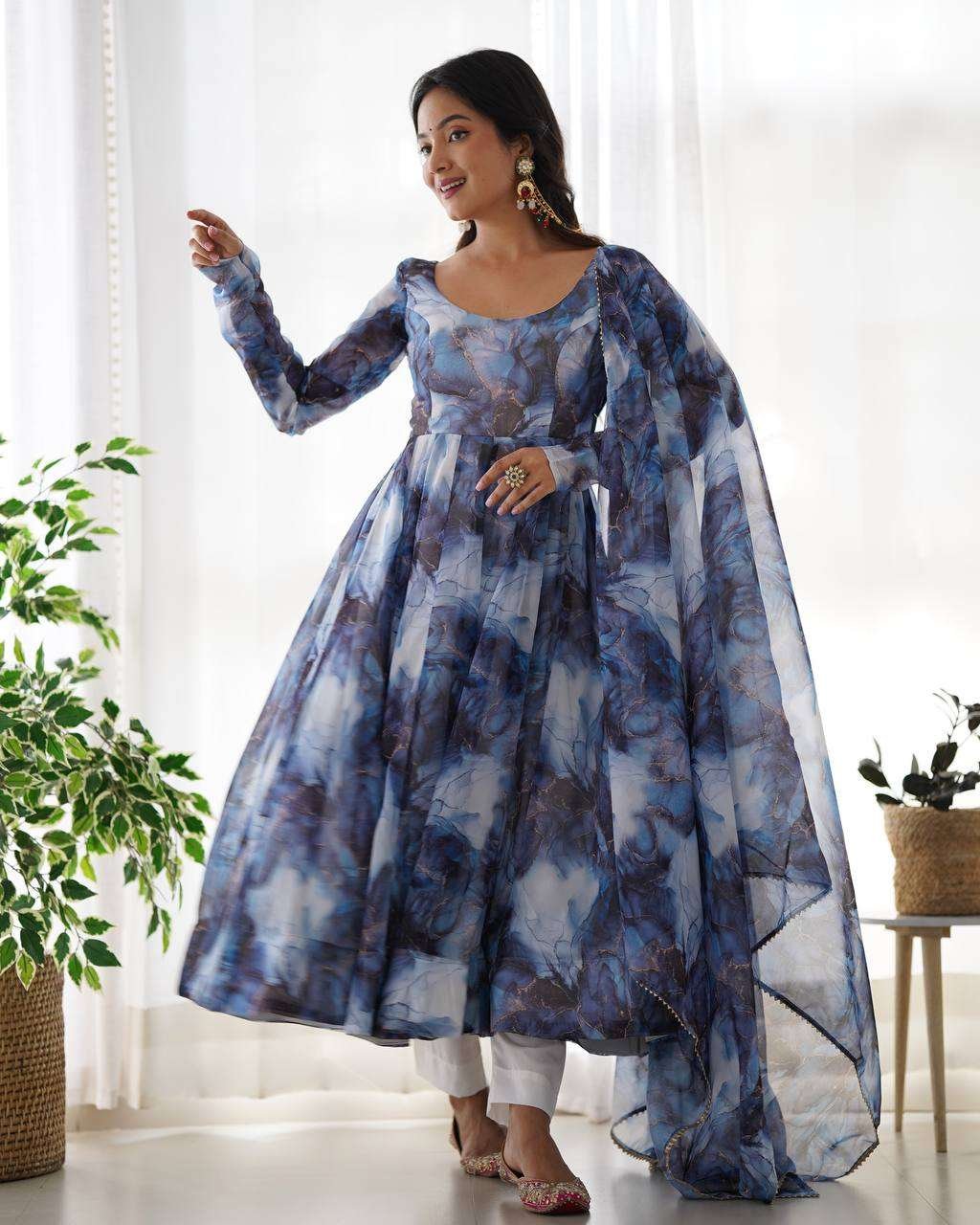 Womens Crunchy Silk Anarkali Kurti with Pant & Dupatta Set
